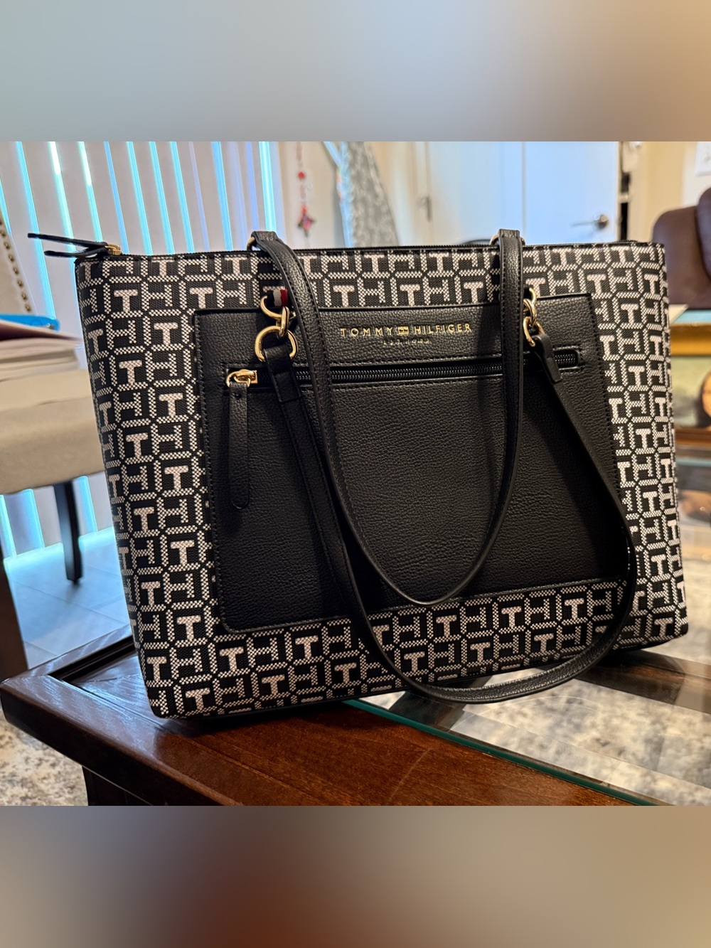 Tommy Hilfiger Black & White Monogram Tote with Front Pocket